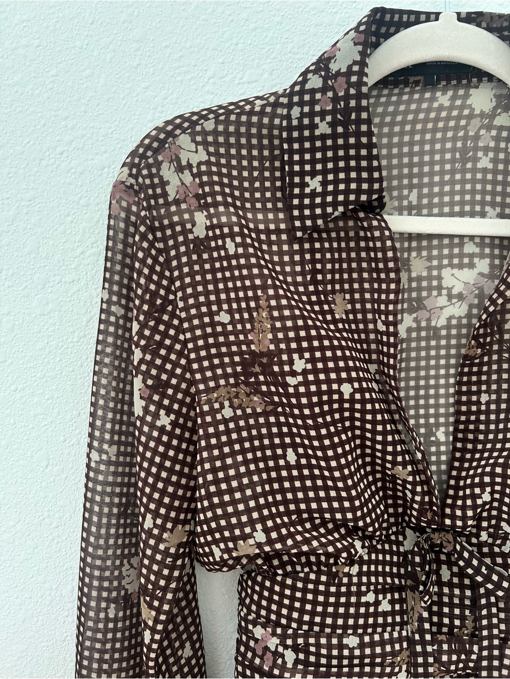 Zara Brown Gingham & Floral Long Sleeve Deep V-Neck Mini Dress - Picture 7 of 11